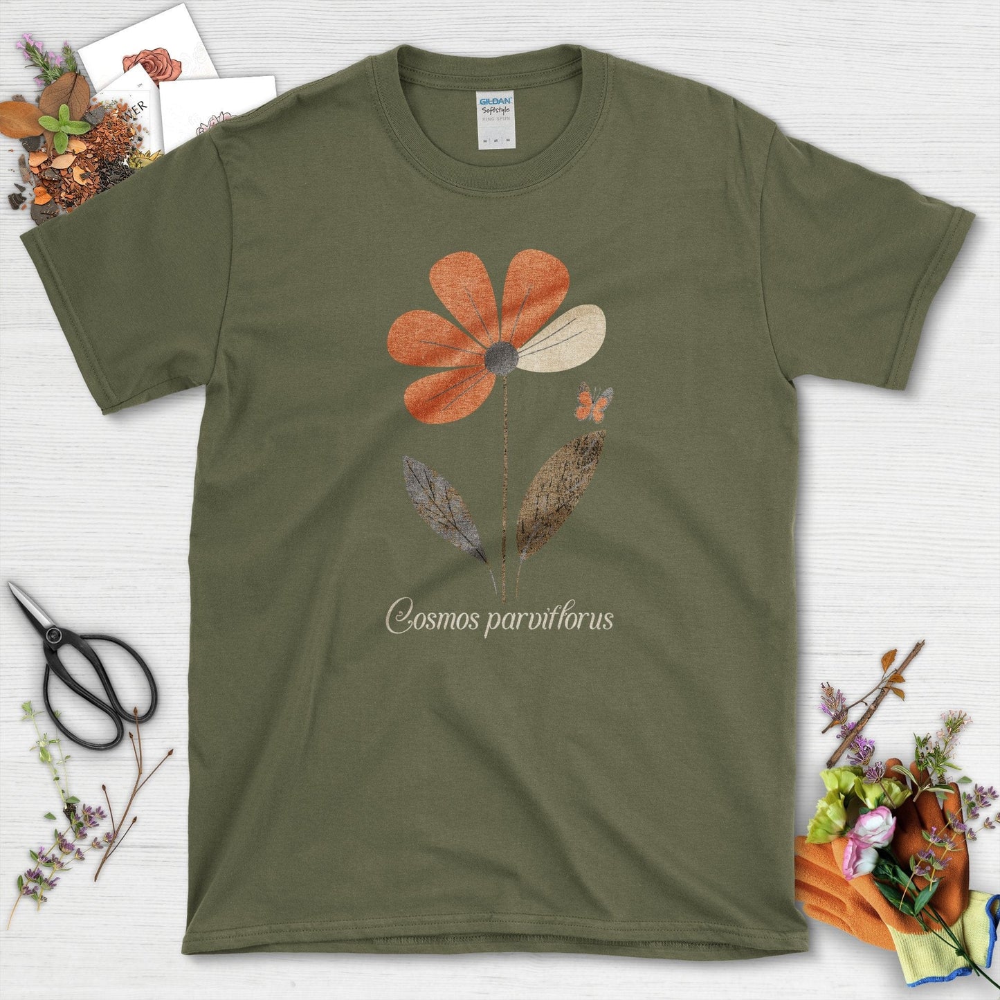 Botanical Cosmos Flower T-Shirt Military Green / S T-Shirt