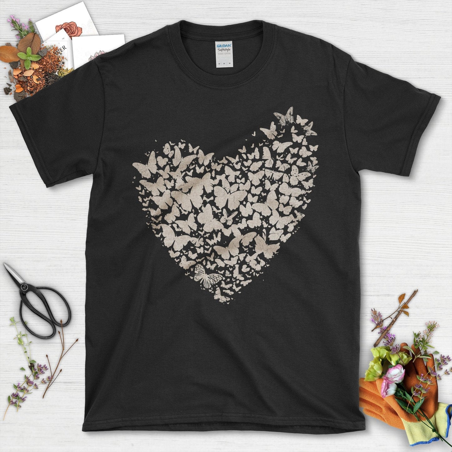 Butterflies Shaped as Heart Design on Black T-Shirt Black / S T-Shirt