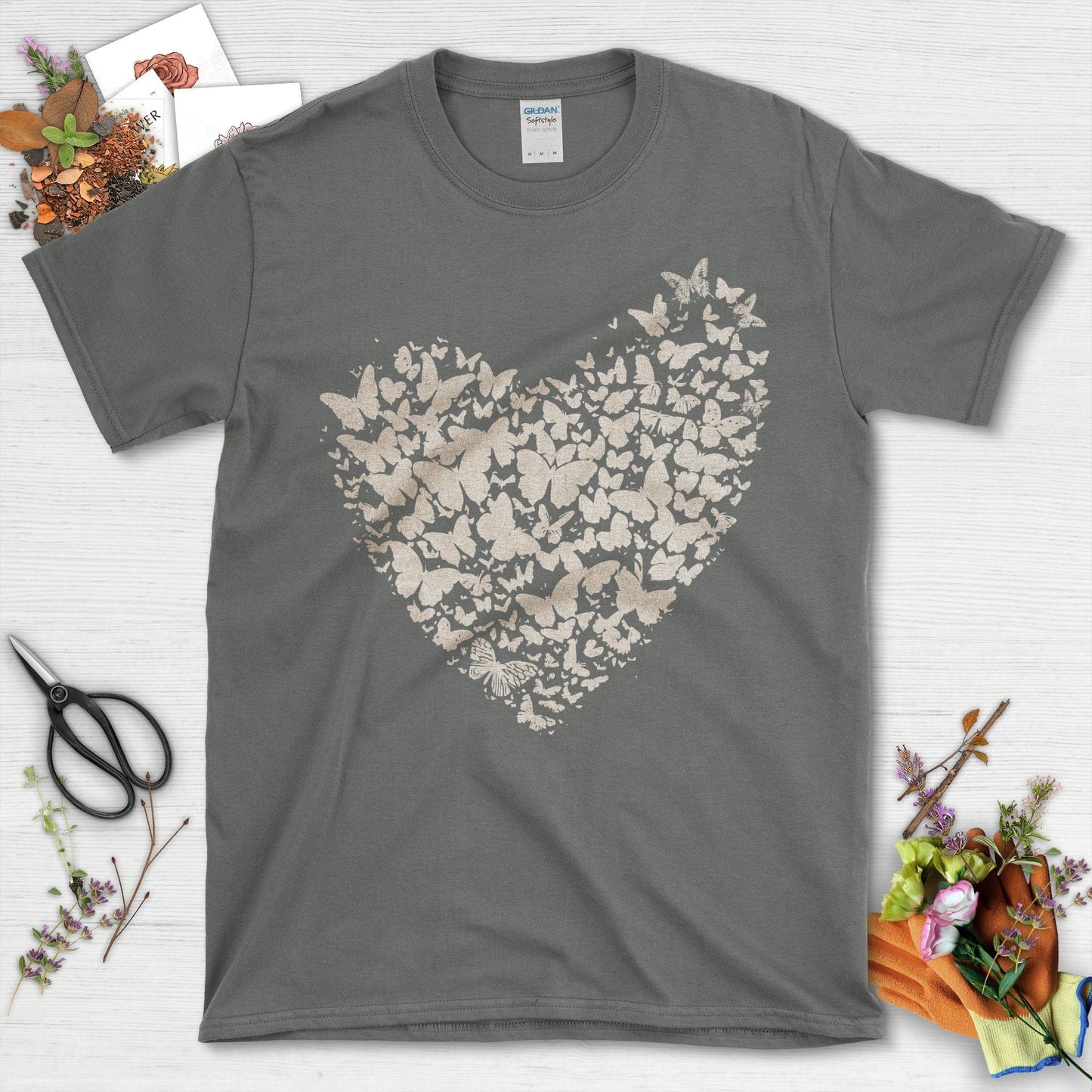 Butterflies Shaped as Heart Design on Black T-Shirt Charcoal / S T-Shirt