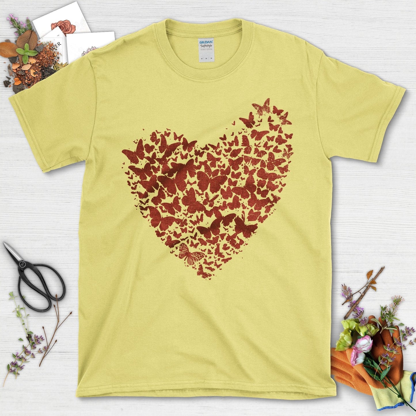 Butterflies Shaped as Heart Design on Black T-Shirt Cornsilk / S T-Shirt