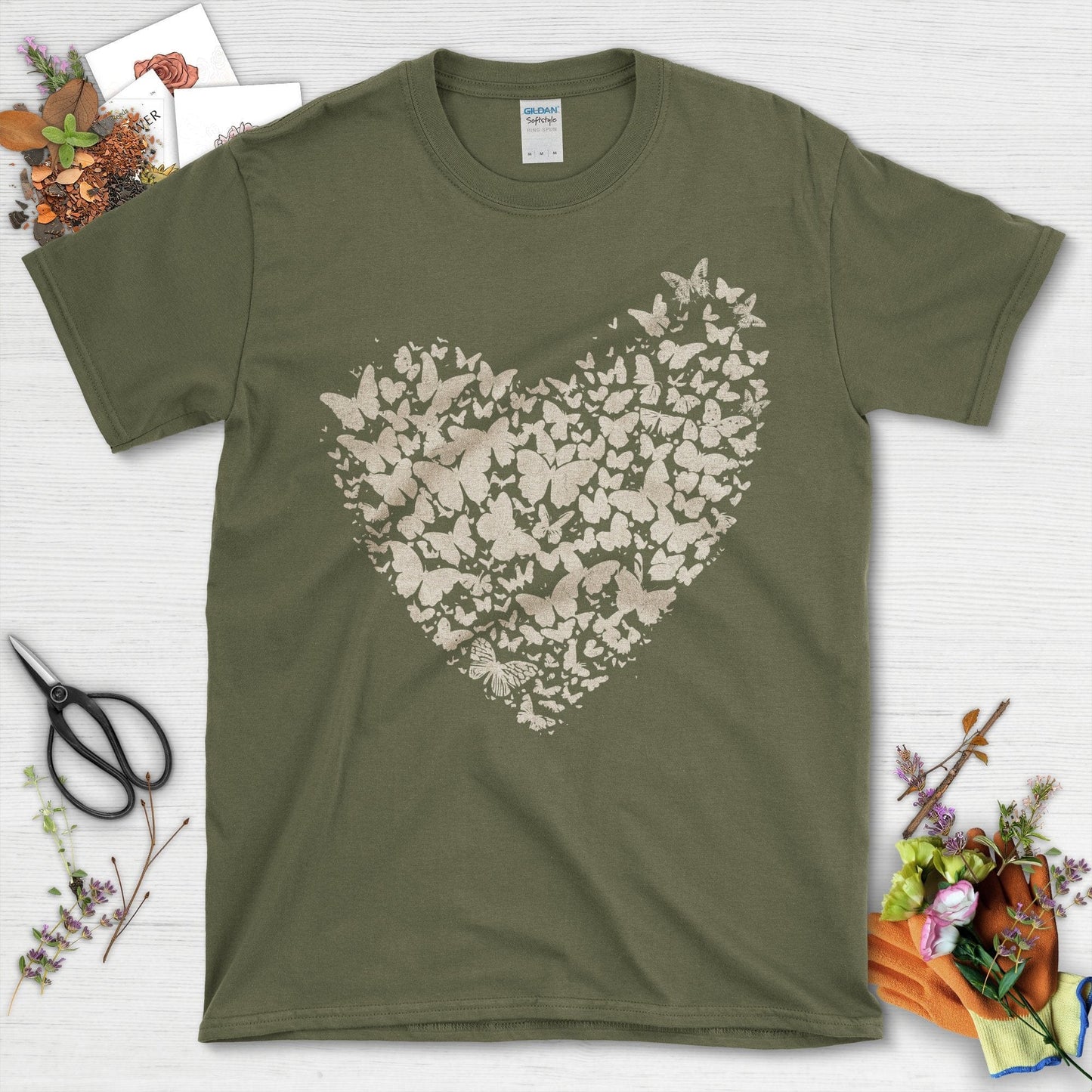 Butterflies Shaped as Heart Design on Black T-Shirt Military Green / S T-Shirt