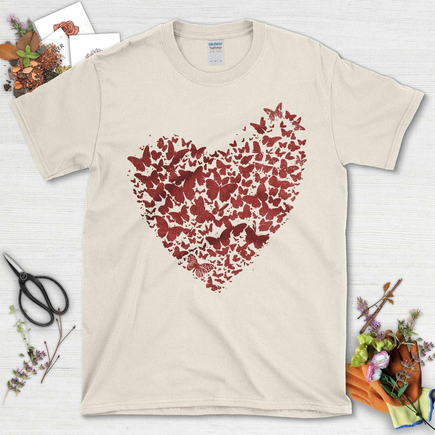 Butterflies Shaped as Heart Design on Black T-Shirt Natural / S T-Shirt