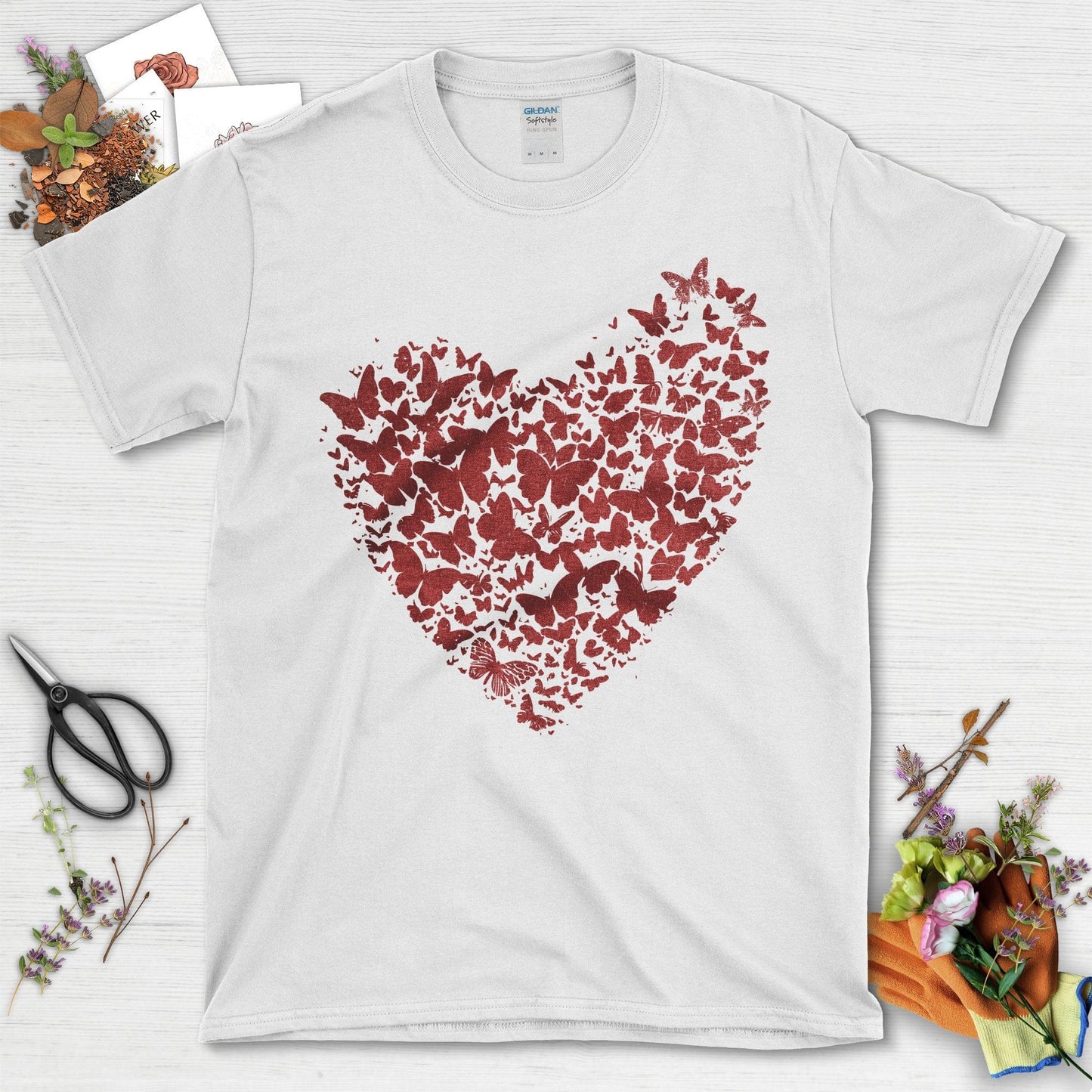 Butterflies Shaped as Heart Design on Black T-Shirt White / S T-Shirt