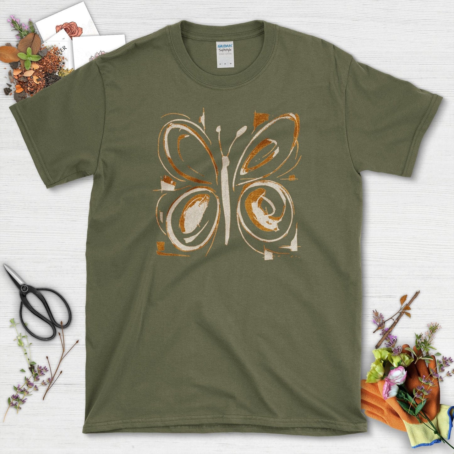 Butterfly Art Garden T-Shirt T-Shirts / S / Military Green Physical Item