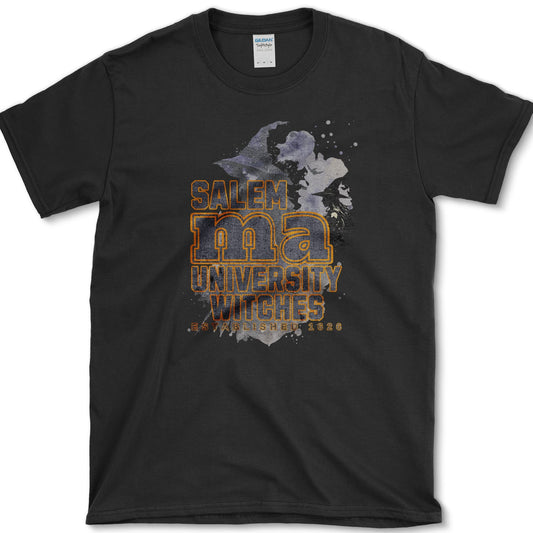 Salem Witches University artwork featuring Salem witch and Halloween witch on a T-shirt