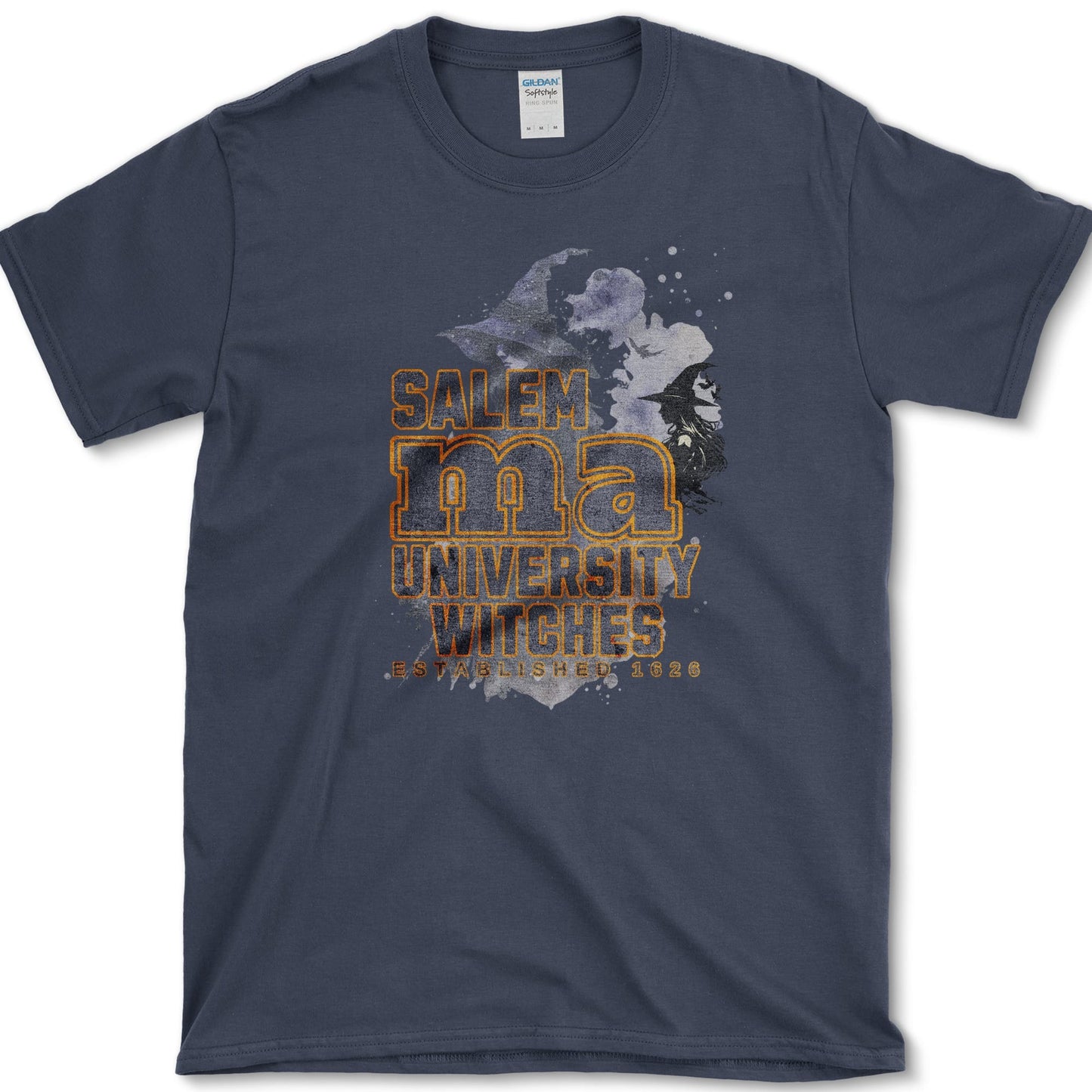 Salem Witches University artwork featuring Salem witch and Halloween witch on a T-shirt
