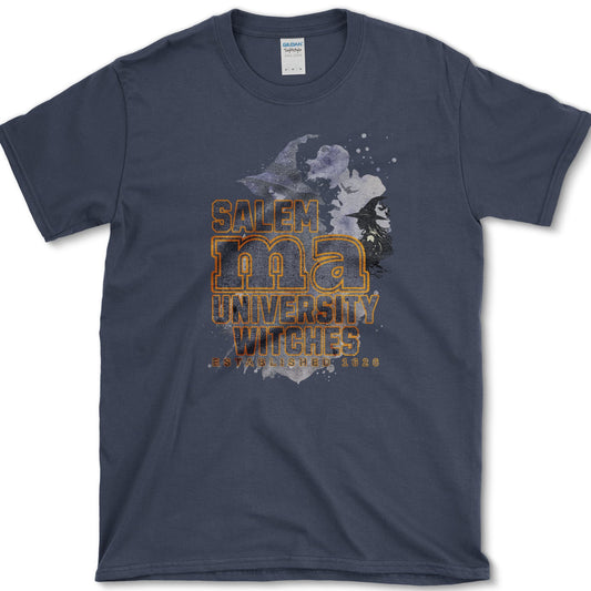 Salem Witches University artwork featuring Salem witch and Halloween witch on a T-shirt