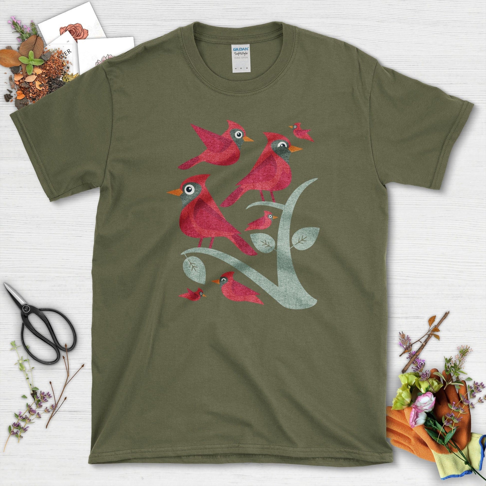 Cardinal Birds Graphic T-Shirt Military Green / S Physical Item