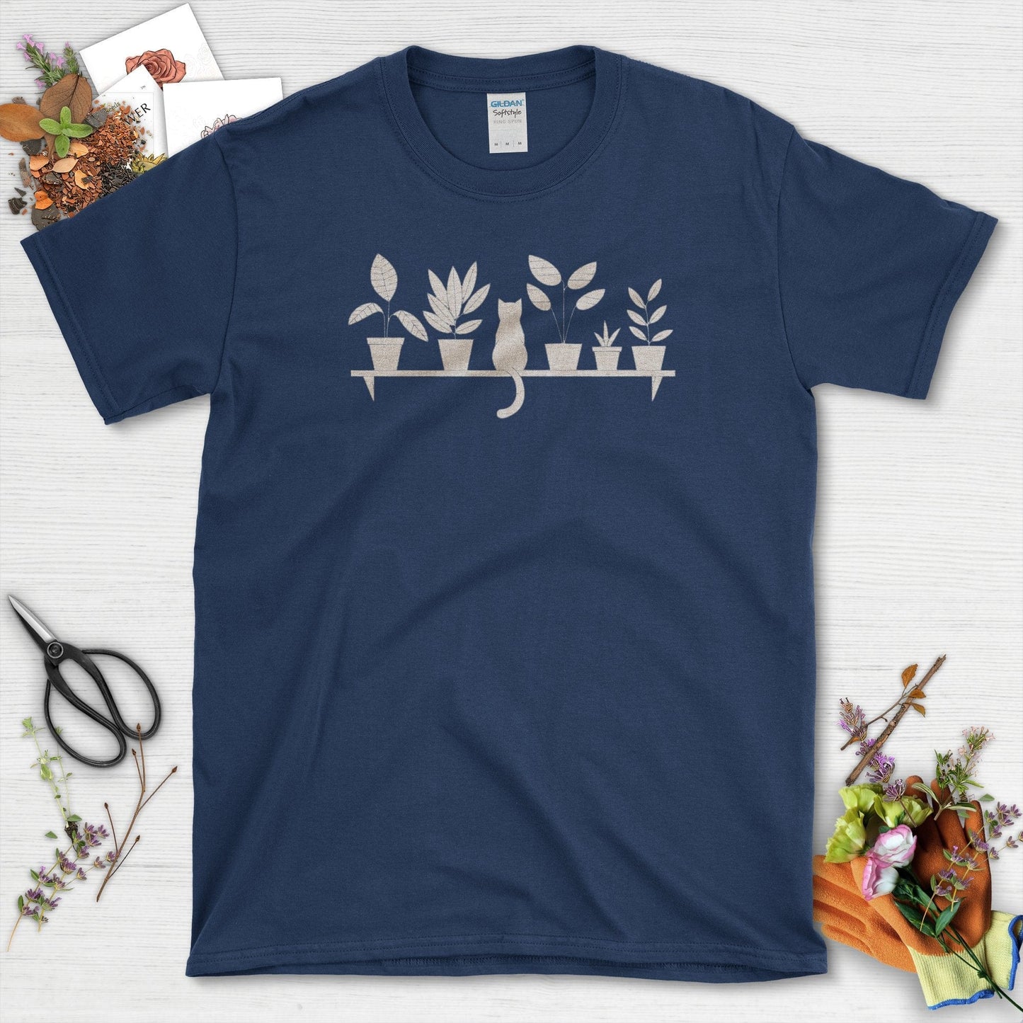 Cat Among Houseplants T-Shirt Navy / S T-Shirt