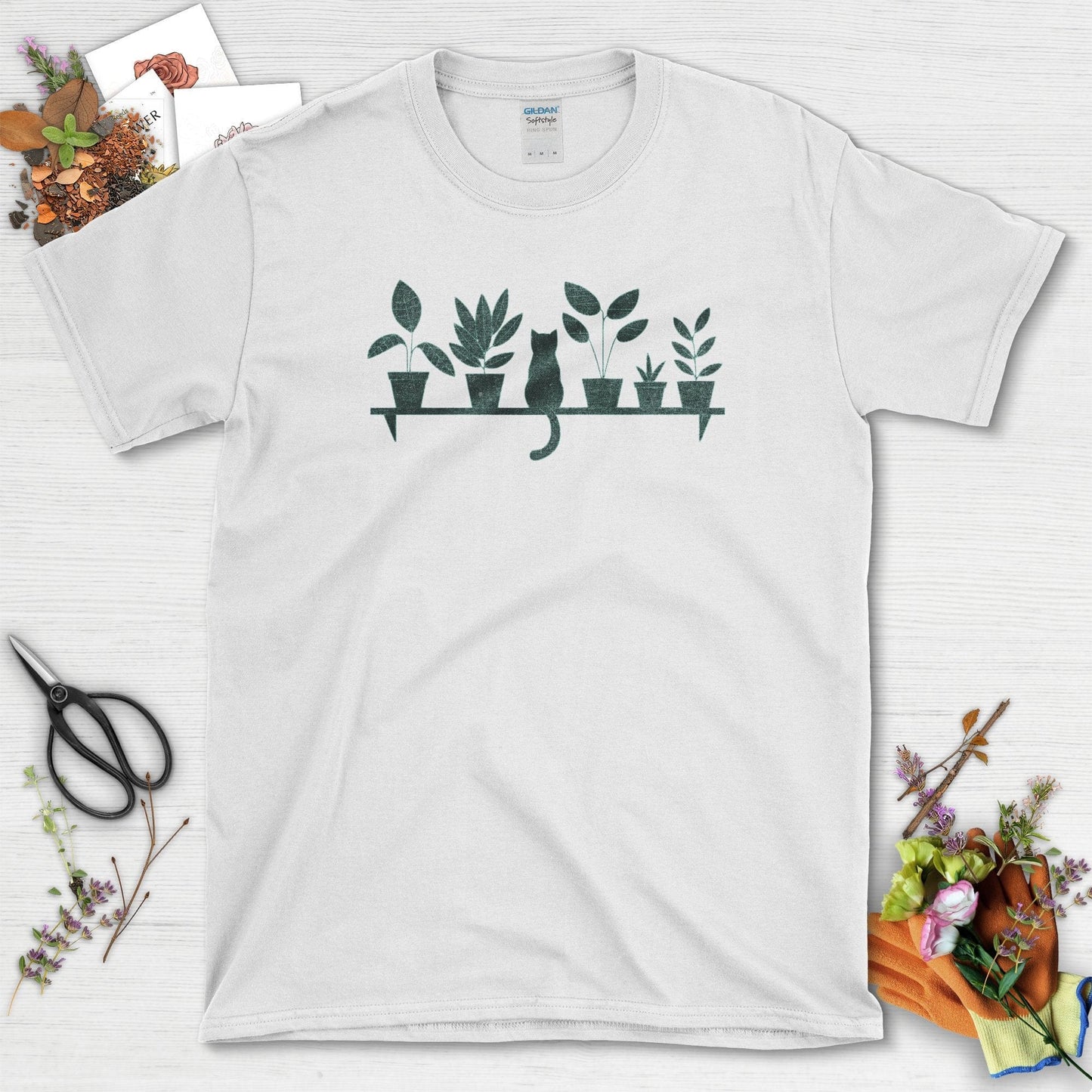 Cat Among Houseplants T-Shirt T-Shirts / S / White Physical Item