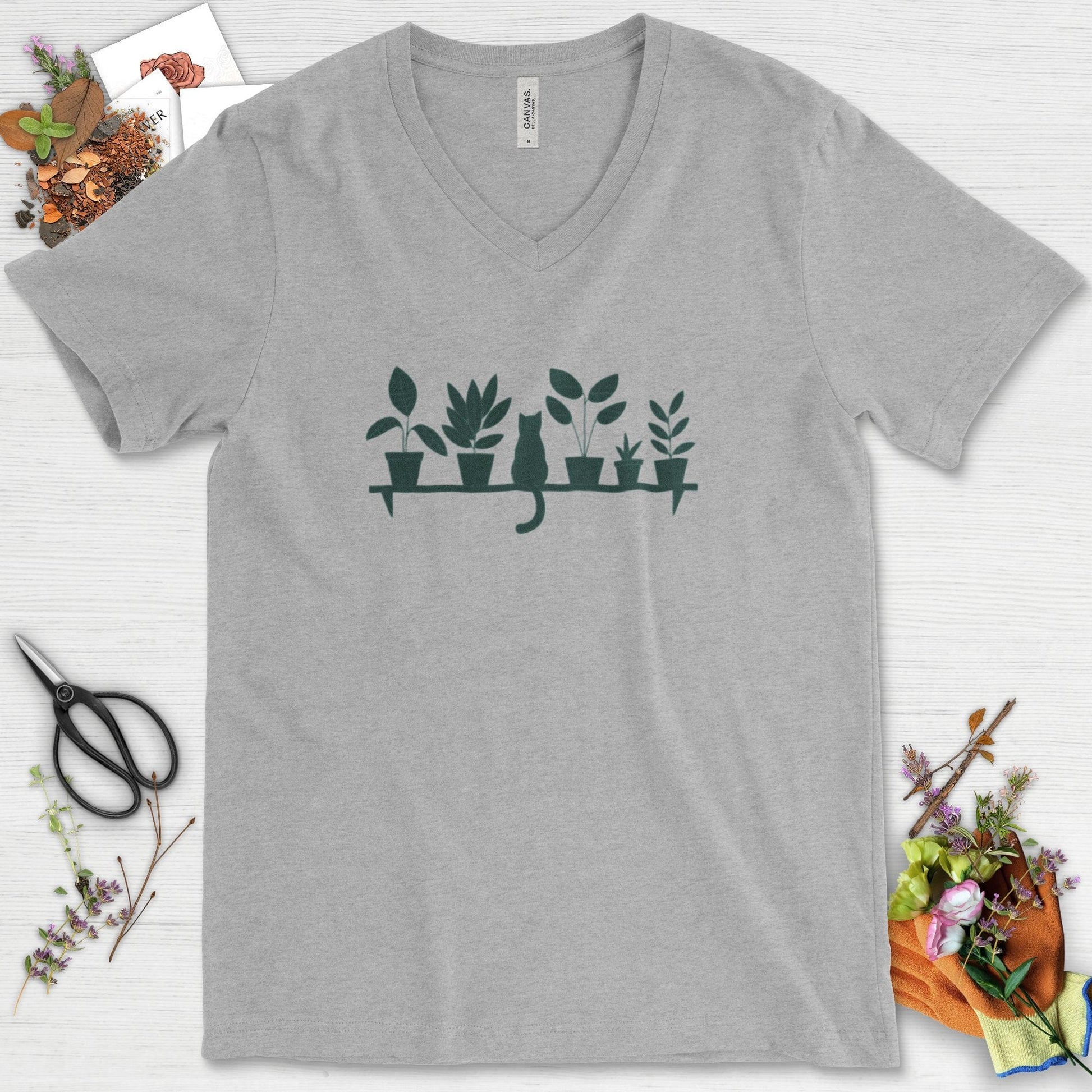 Cat Among Houseplants V-Neck Athletic Heather / S Physical Item