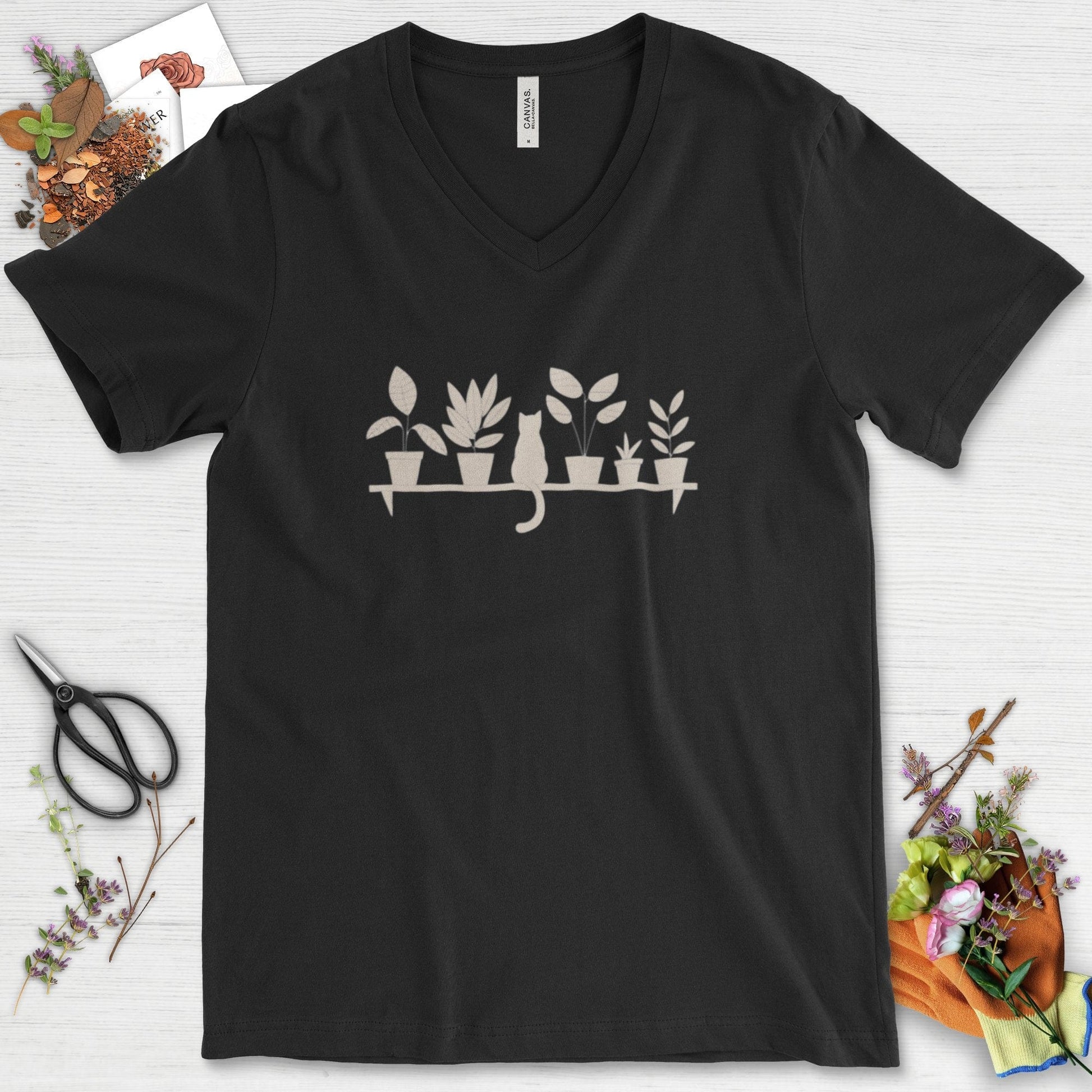 Cat Among Houseplants V-Neck Black / S Physical Item