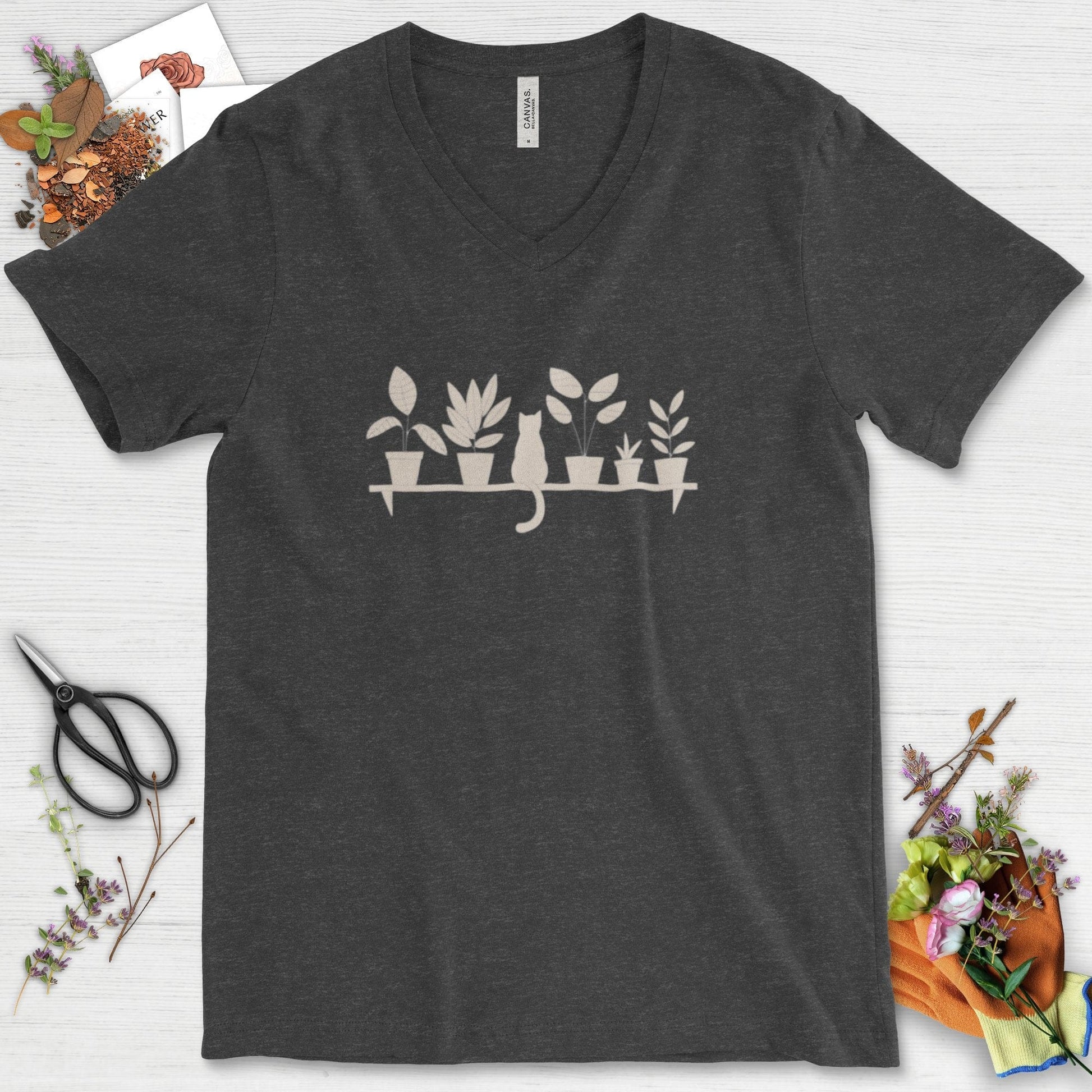Cat Among Houseplants V-Neck Dark Grey Heather / S Physical Item