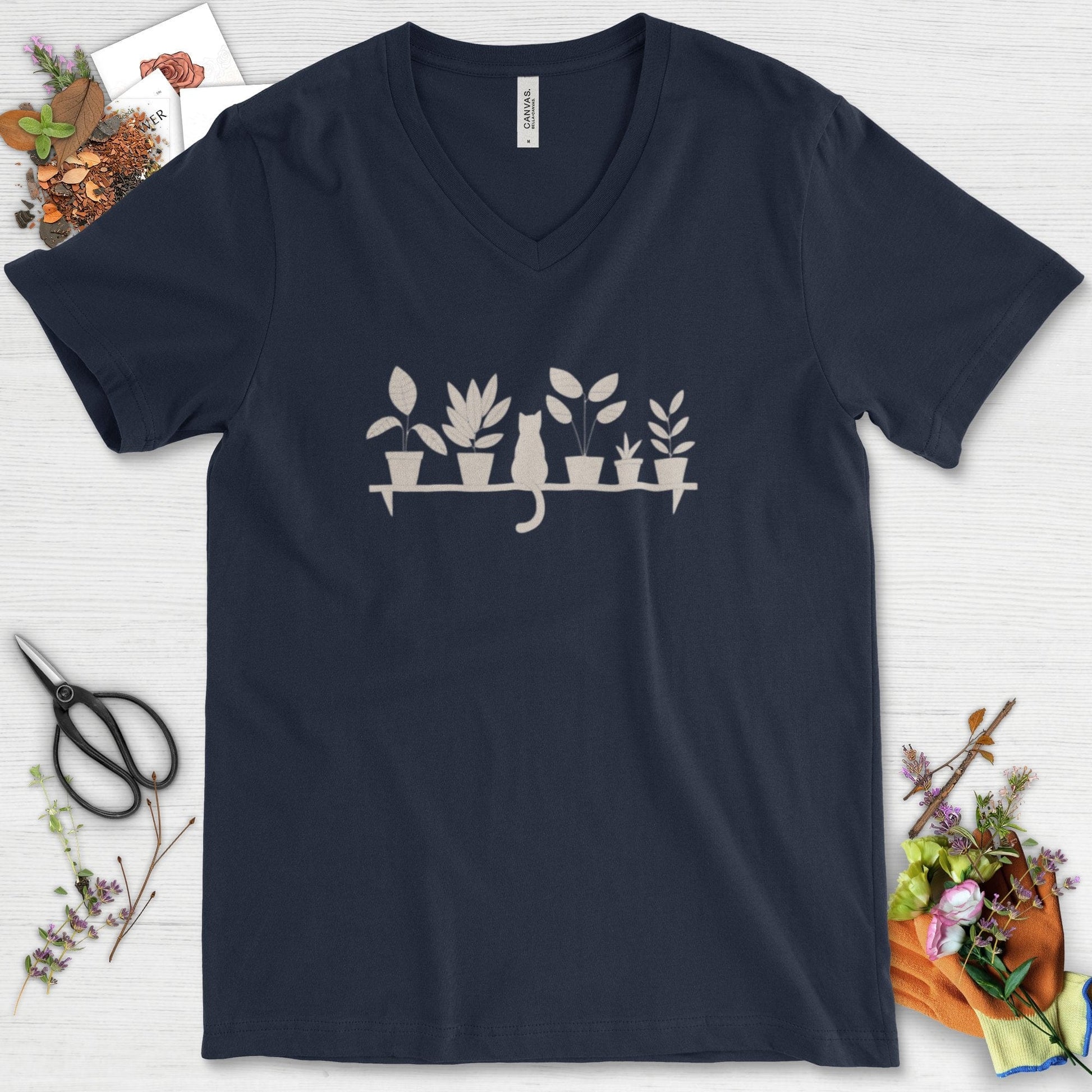 Cat Among Houseplants V-Neck Navy / S Physical Item