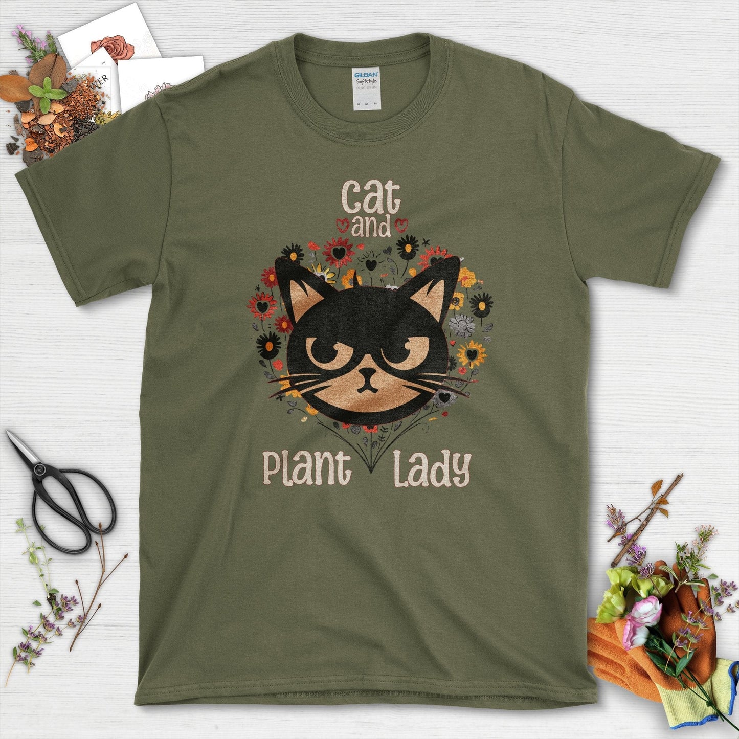 Cat and Plant Lady T-Shirt Military Green / S T-Shirt