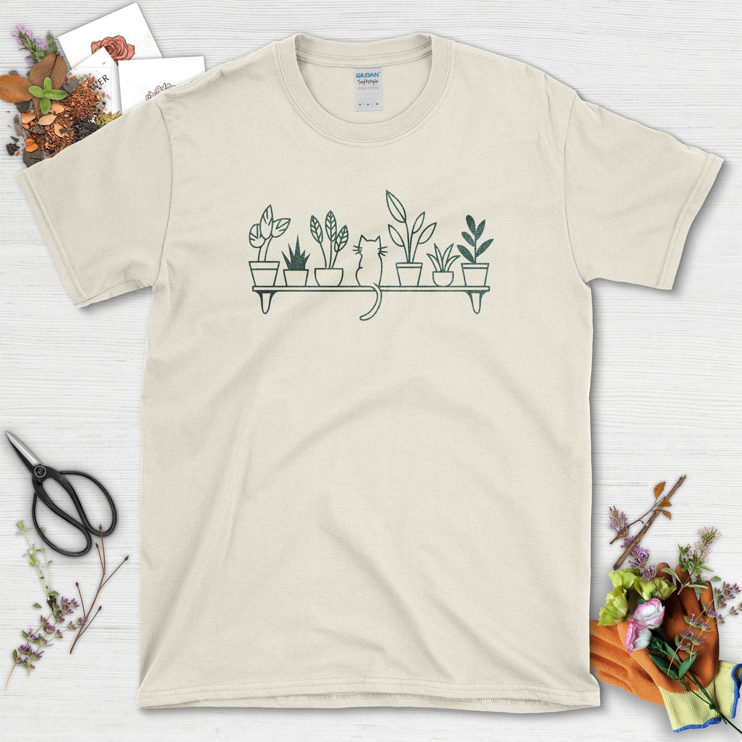 Cat and Plants T-Shirt S / Natural Physical Item