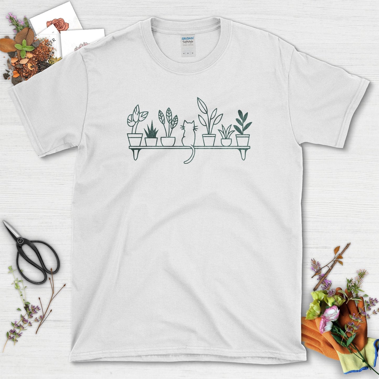 Cat and Plants T-Shirt S / White Physical Item