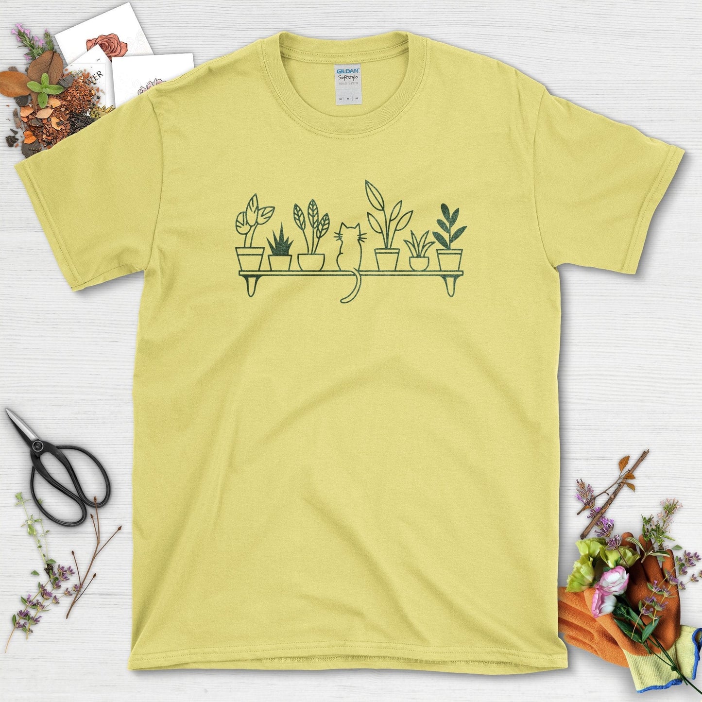 Cat and Plants T-Shirt T-Shirts / S / Cornsilk Physical Item