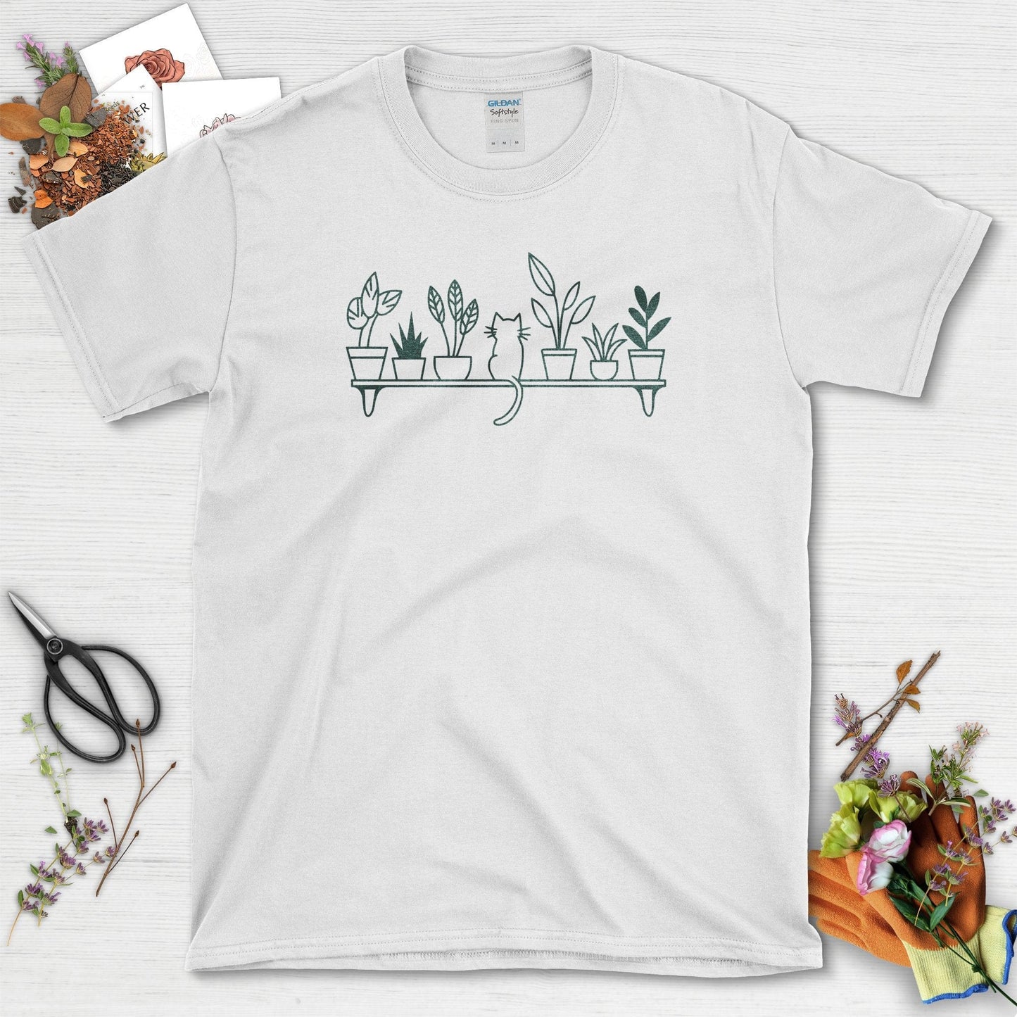 Cat and Plants T-Shirt White / S T-Shirt