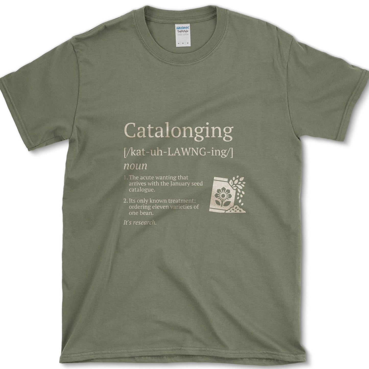 Catalonging design featuring seed catalog artwork on a t-shirt