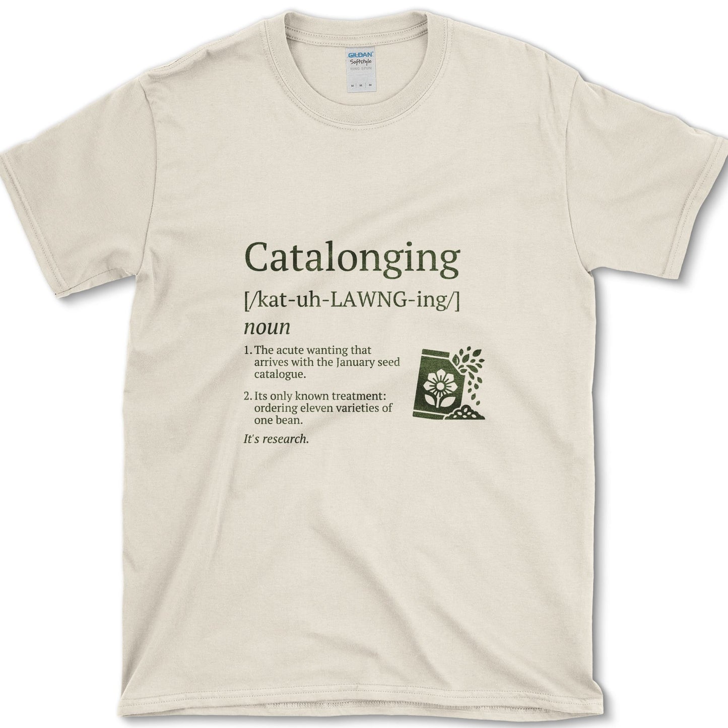 Catalonging design featuring seed catalog artwork on a t-shirt