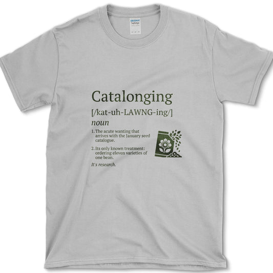 Catalonging design featuring seed catalog artwork on a t-shirt
