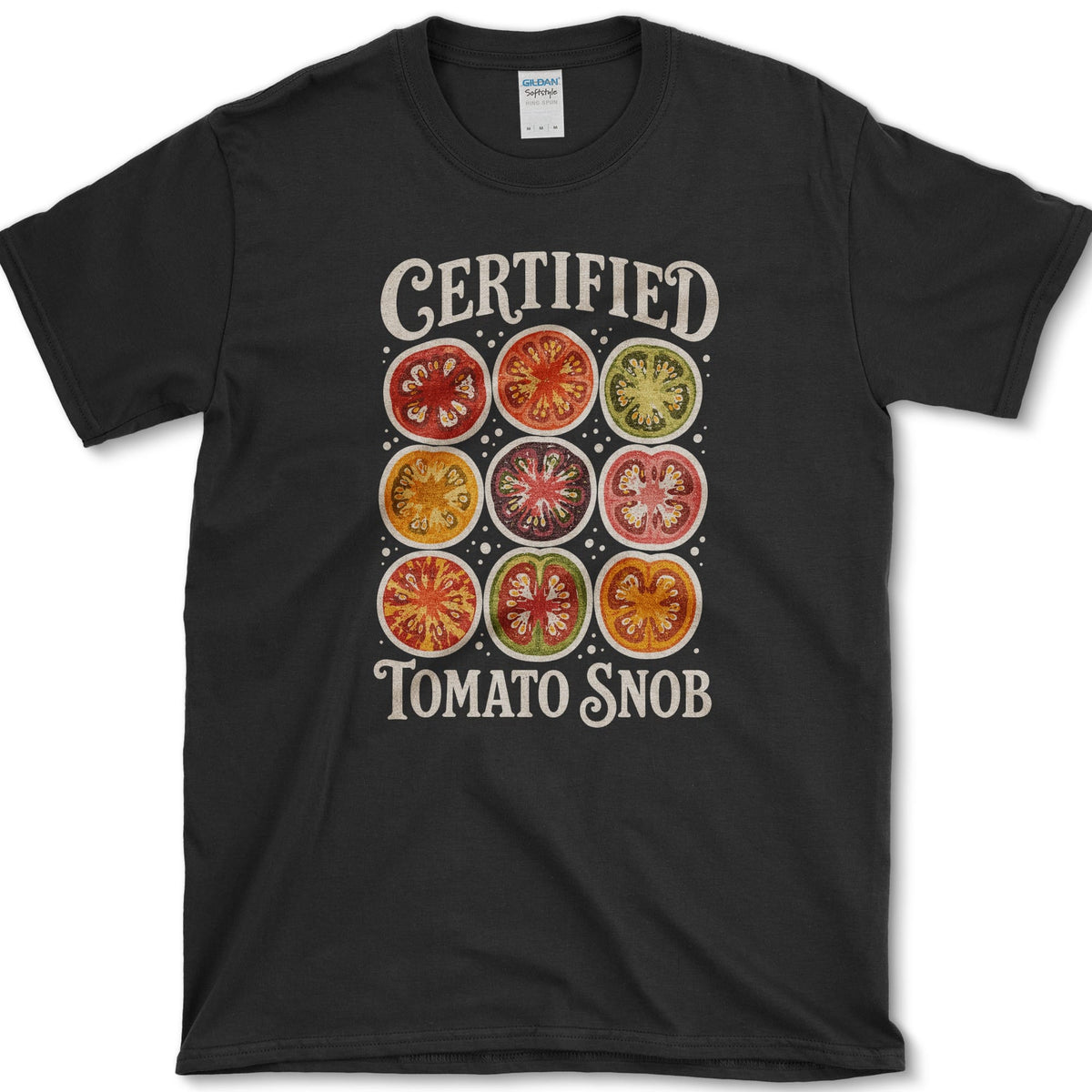 Nine vivid heirloom tomato cross-sections beneath bold Certified Tomato Snob lettering