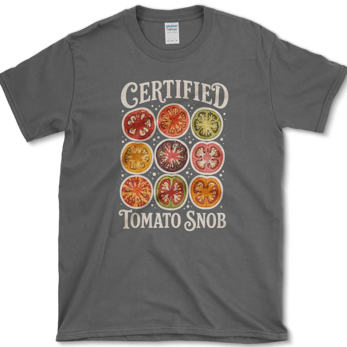 Nine vivid heirloom tomato cross-sections beneath bold Certified Tomato Snob lettering