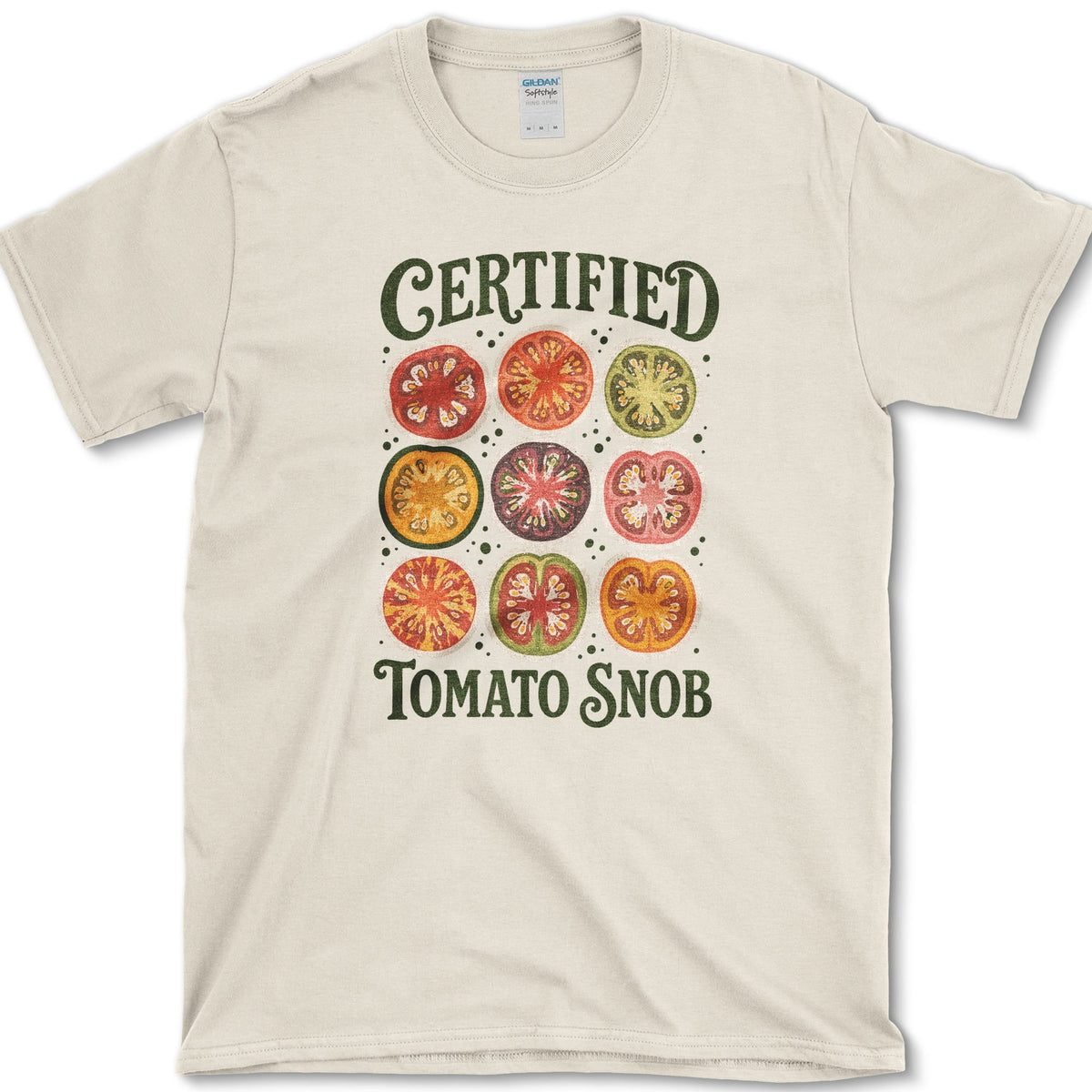 Nine vivid heirloom tomato cross-sections beneath bold Certified Tomato Snob lettering