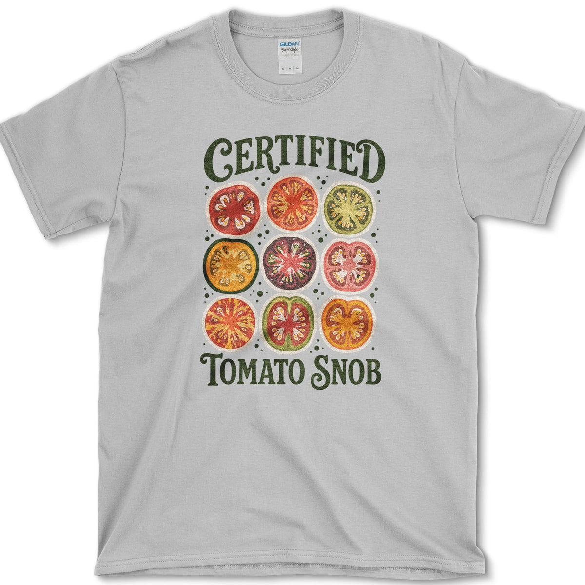 Nine vivid heirloom tomato cross-sections beneath bold Certified Tomato Snob lettering
