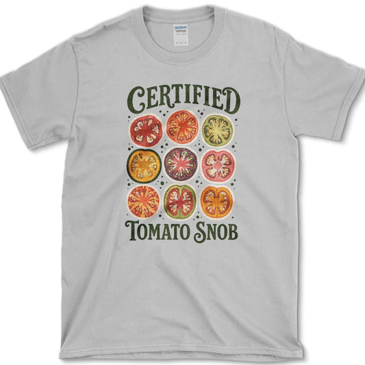 Nine vivid heirloom tomato cross-sections beneath bold Certified Tomato Snob lettering