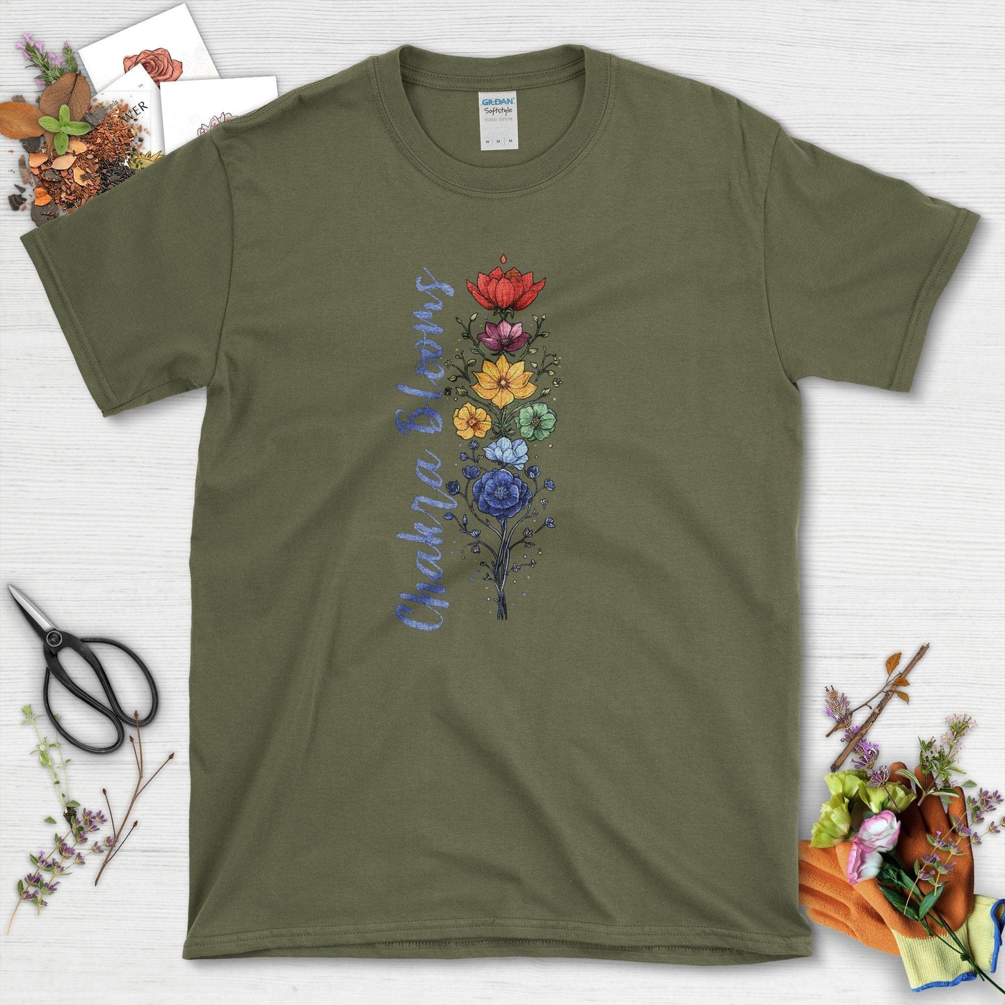 Chakra Blooms T-Shirt Military Green / S T-Shirt