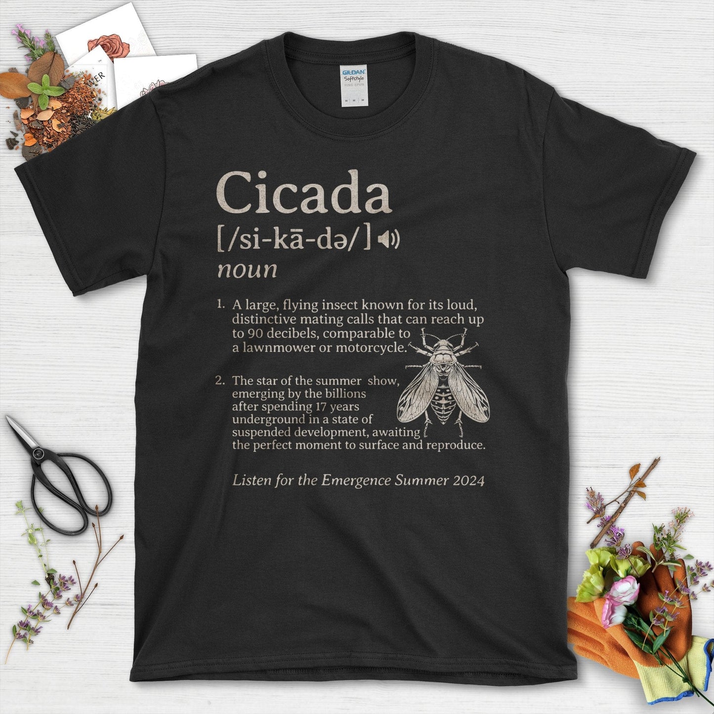 Cicada Insect with Definition Quote and Artwork T-Shirt Black / S T-Shirt