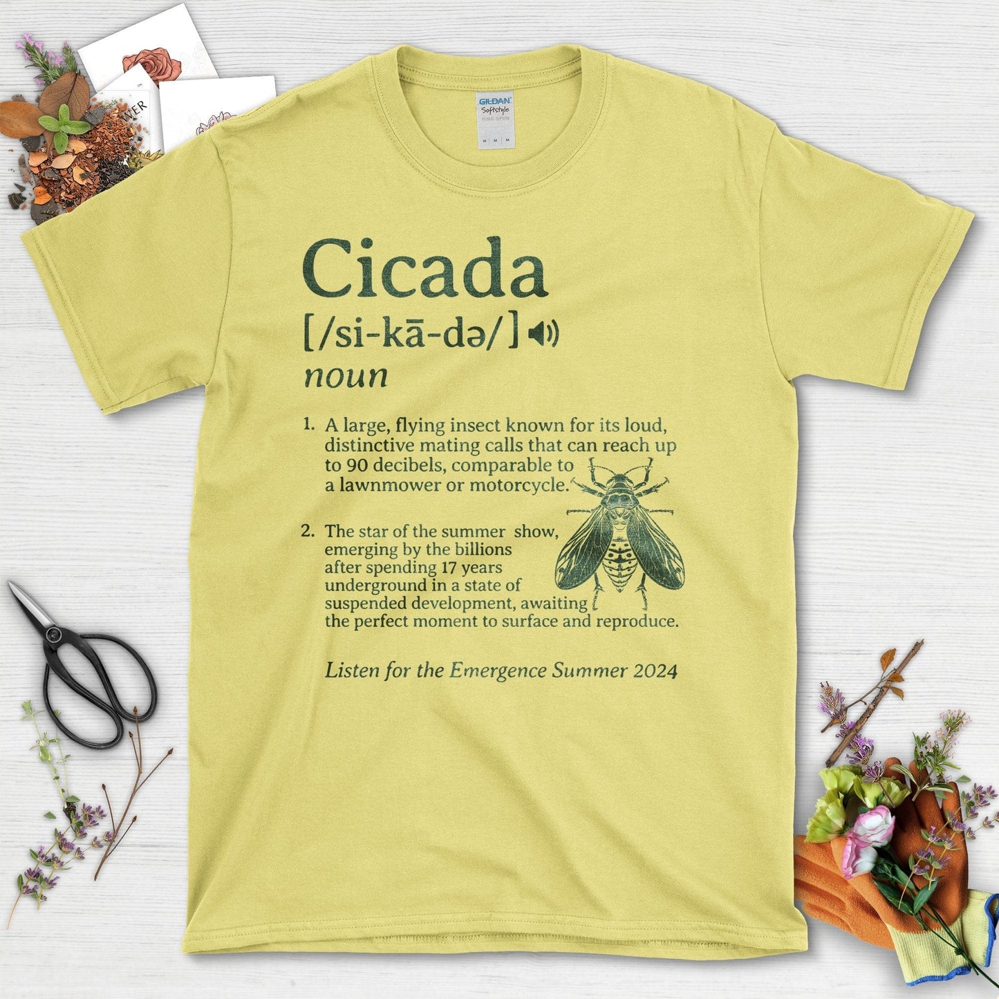 Cicada Insect with Definition Quote and Artwork T-Shirt Cornsilk / S T-Shirt