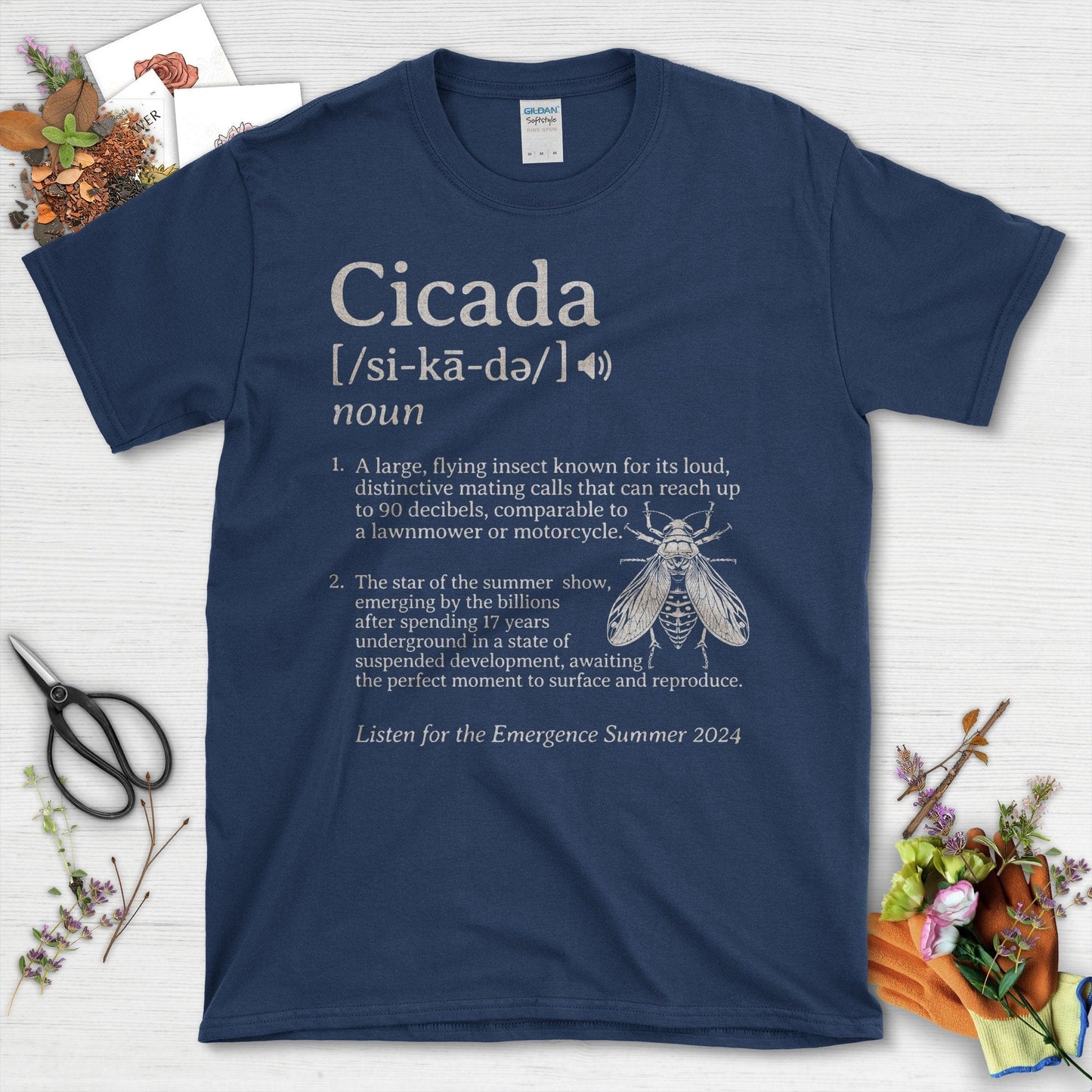 Cicada Insect with Definition Quote and Artwork T-Shirt Navy / S T-Shirt