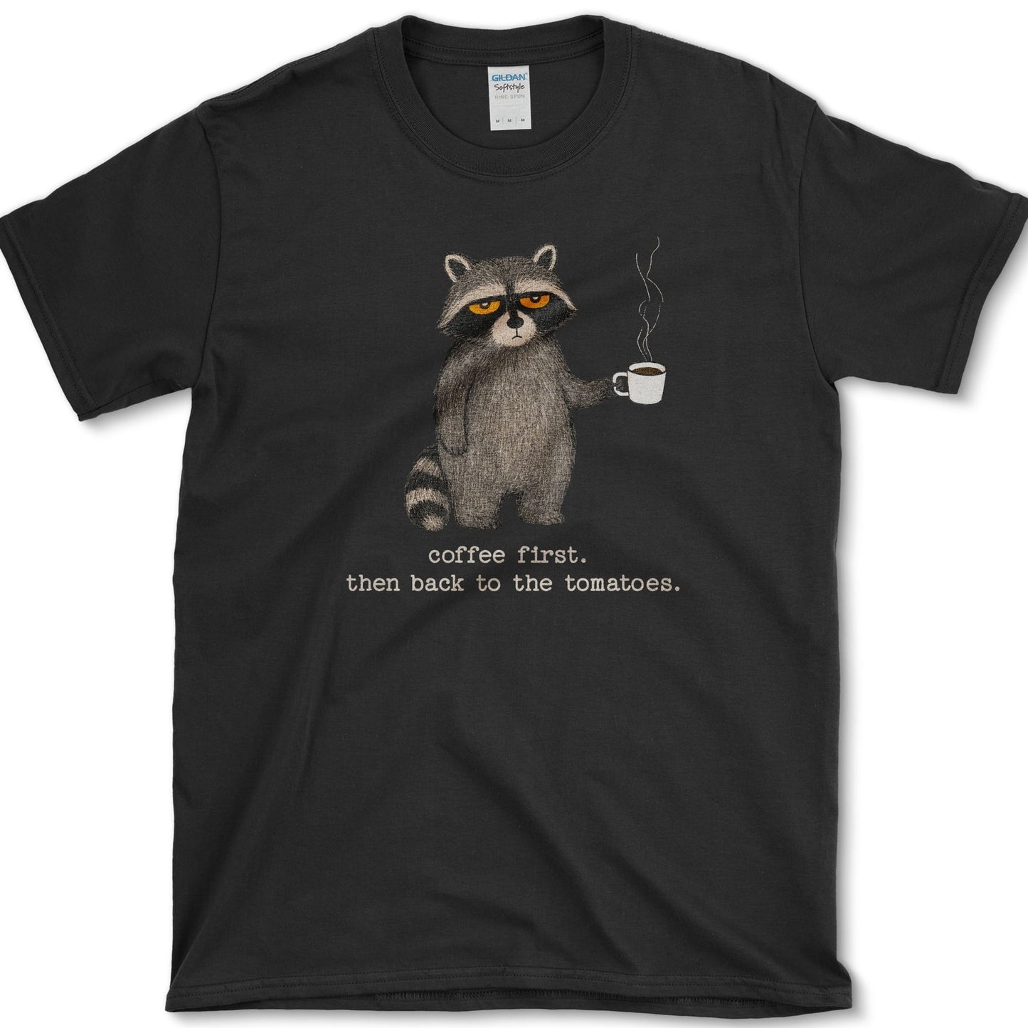 Coffee Then Tomatoes artwork featuring tomato and coffee on a t-shirt