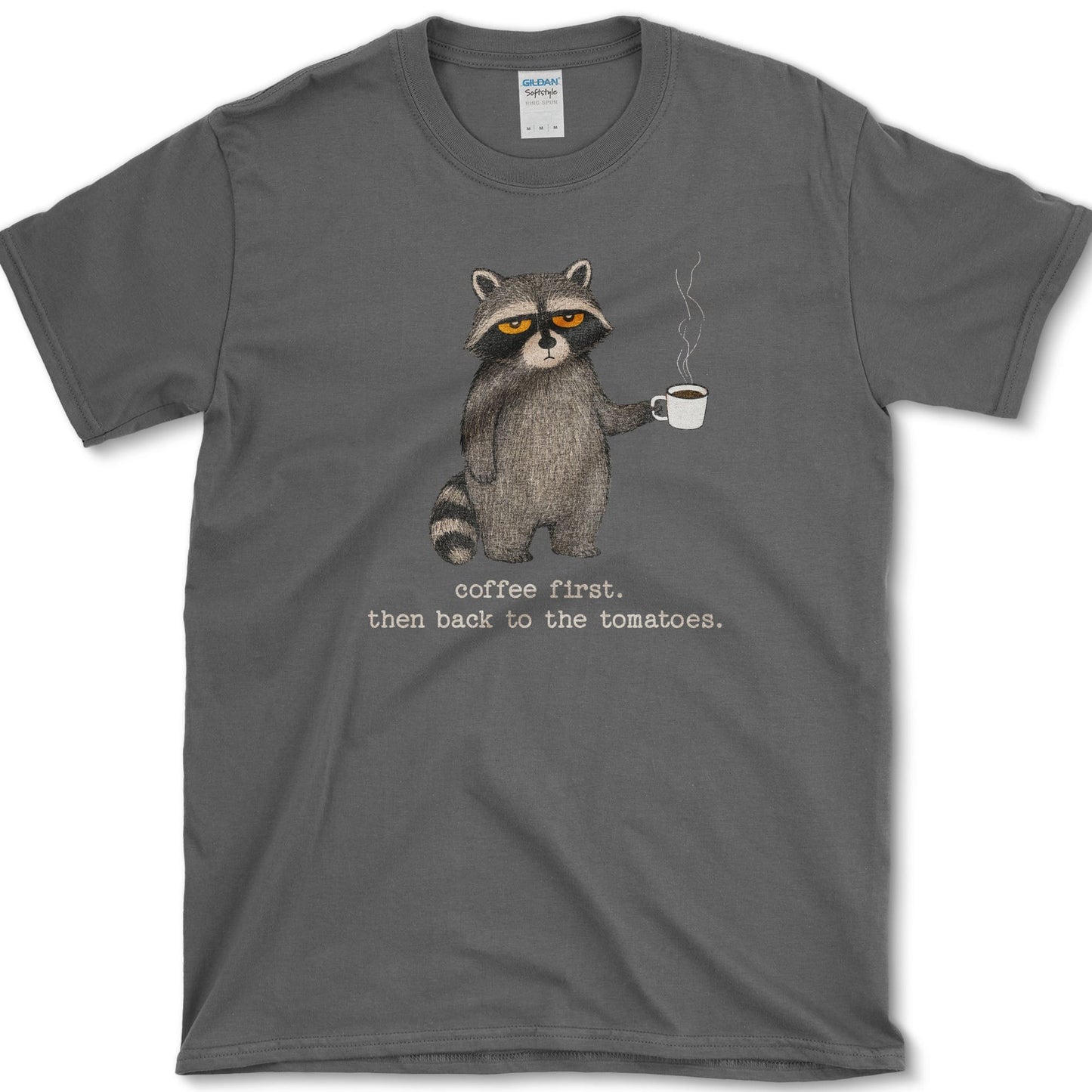 Coffee Then Tomatoes artwork featuring tomato and coffee on a t-shirt