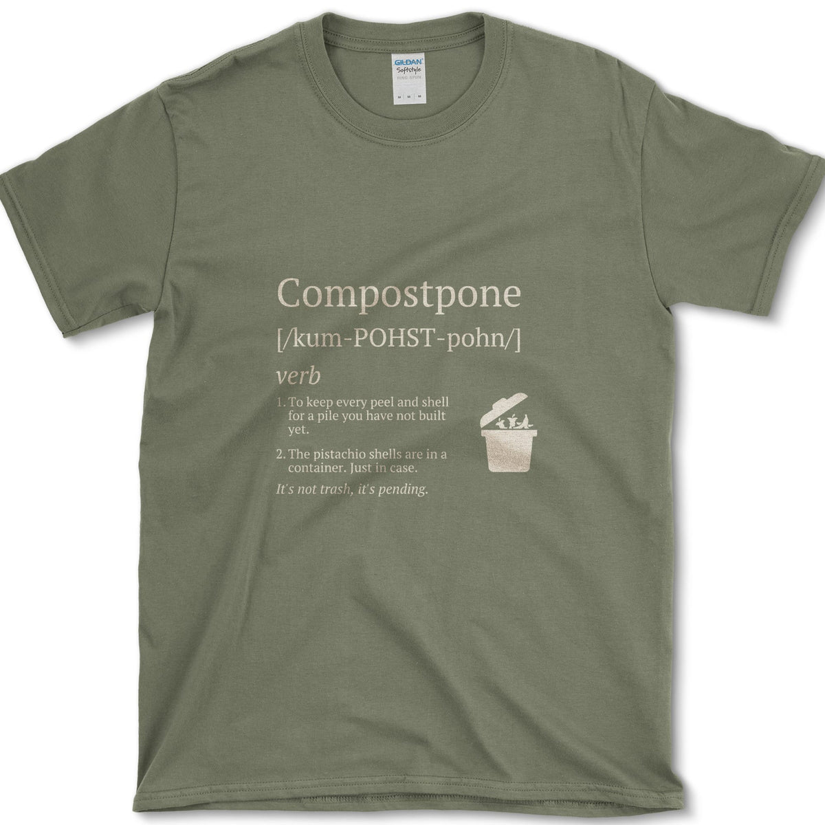 Cream Compostpone mock dictionary entry with a small kitchen-scrap bin and hand illustration on a T-shirt
