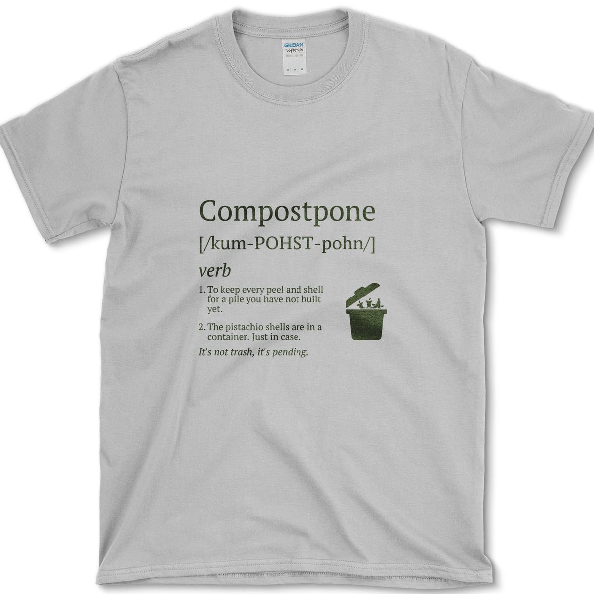 Cream Compostpone mock dictionary entry with a small kitchen-scrap bin and hand illustration on a T-shirt