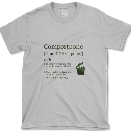 Cream Compostpone mock dictionary entry with a small kitchen-scrap bin and hand illustration on a T-shirt