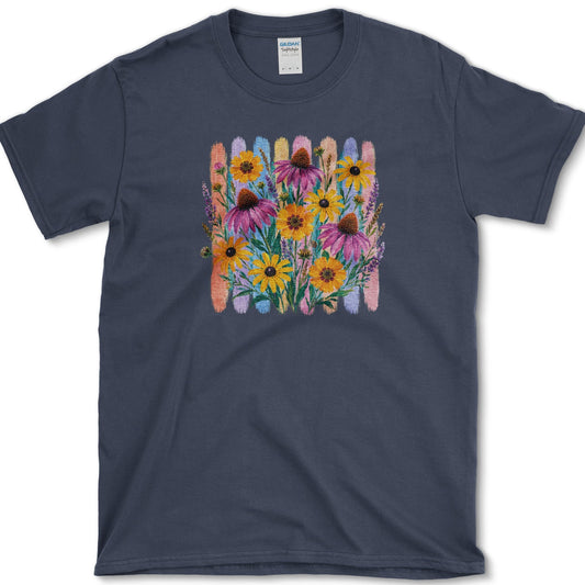 Coneflowers artwork featuring purple coneflower and coneflower and flower on a t-shirt
