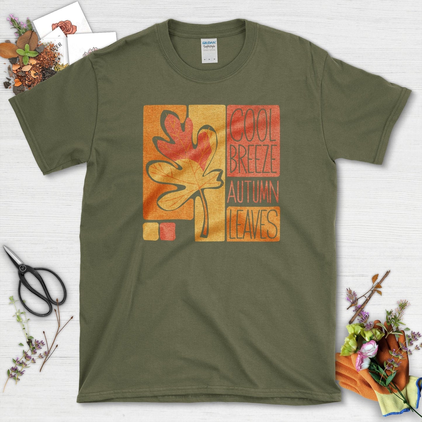 Cool Breeze Autumn Leaves T-Shirt T-Shirts / S / Military Green Physical Item