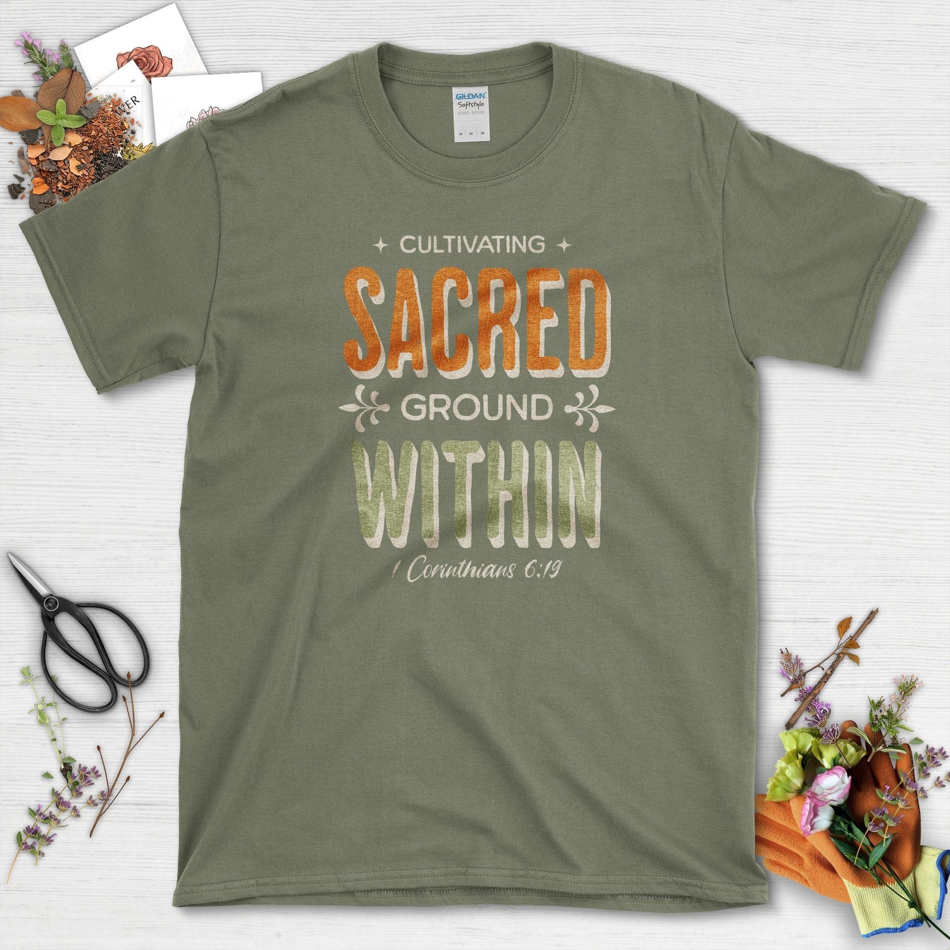 Cultivating Sacred Ground T-Shirt Essential Tees / S / Military Green Physical Item