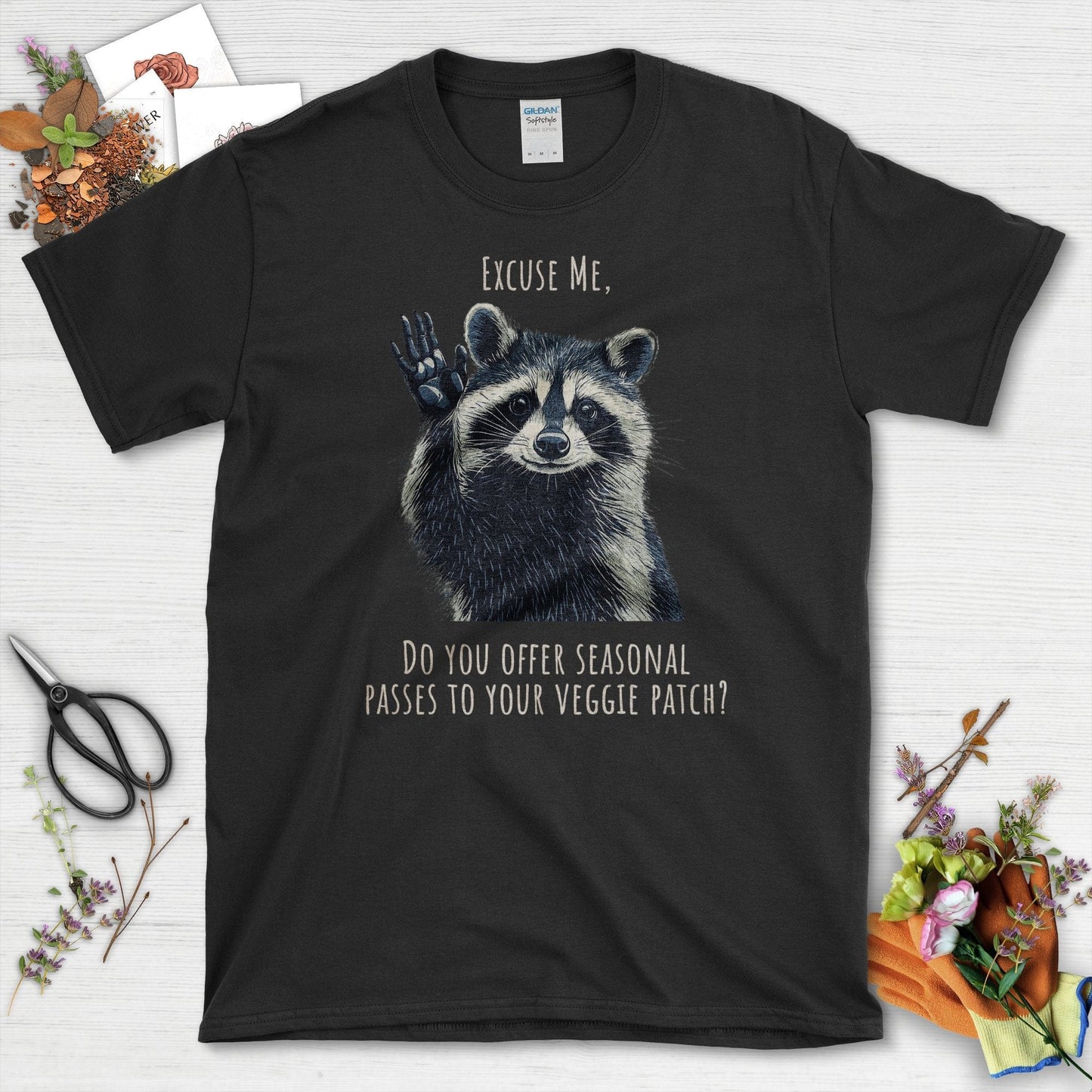 Cute Raccoon Veggie Patch T-Shirt Black / S T-Shirt