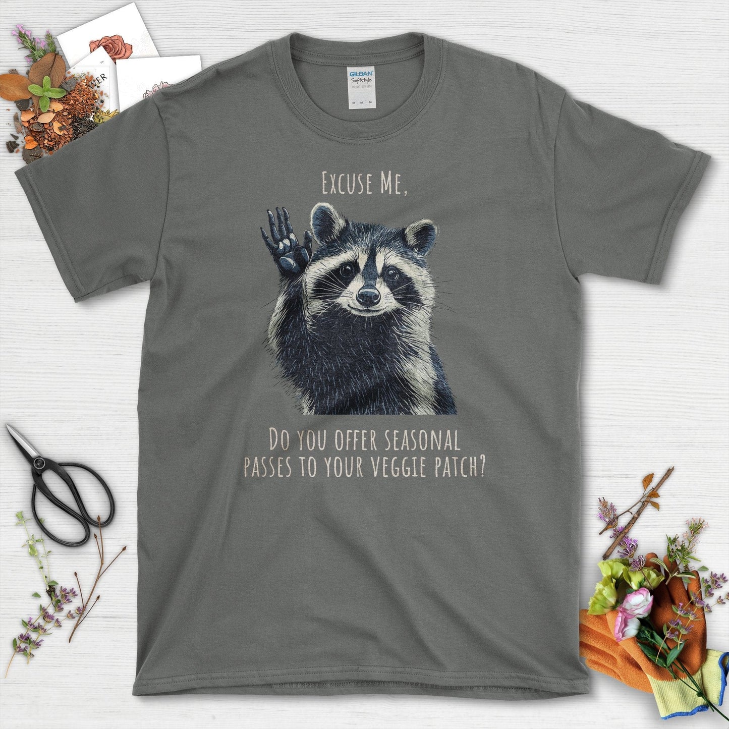 Cute Raccoon Veggie Patch T-Shirt Charcoal / S T-Shirt