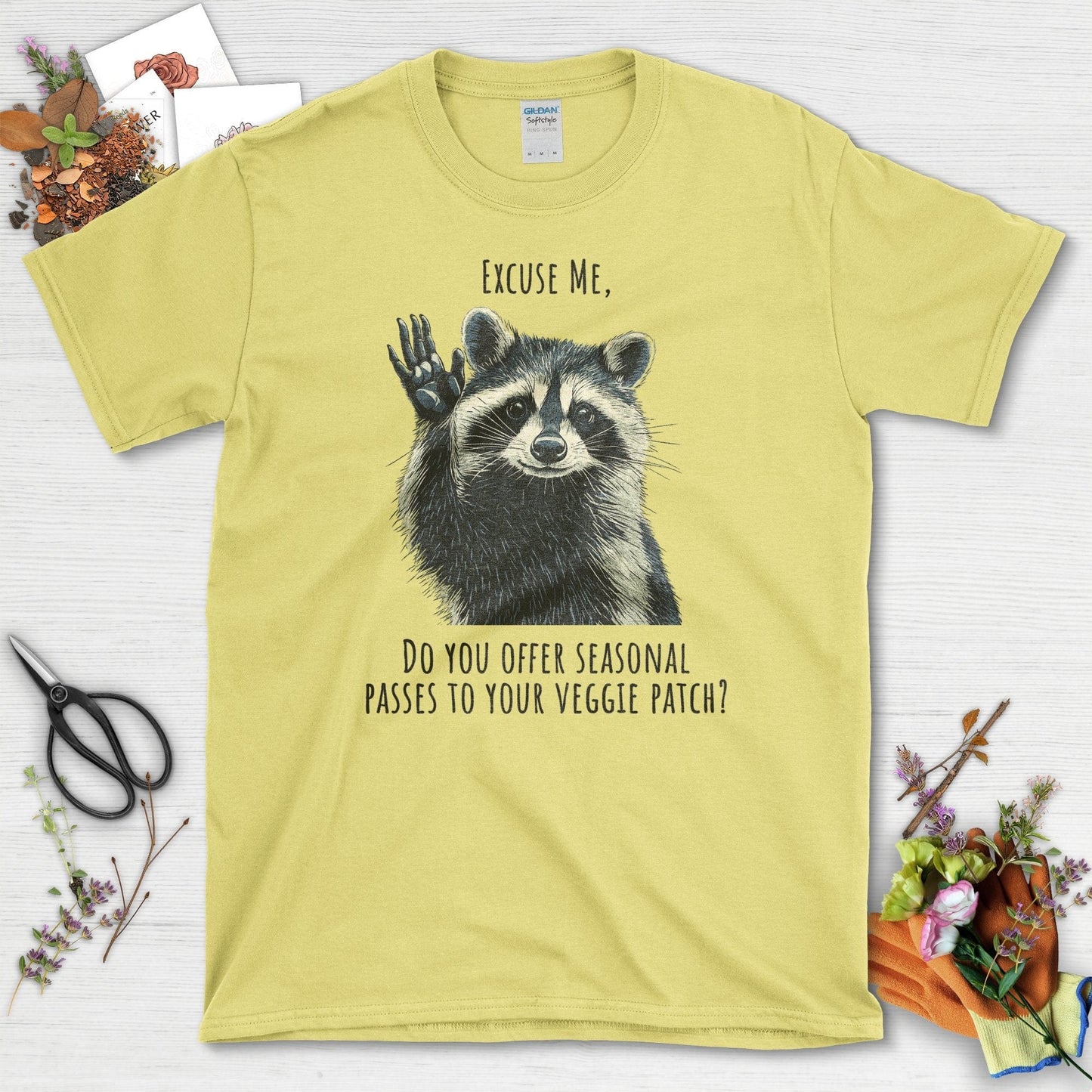 Cute Raccoon Veggie Patch T-Shirt Cornsilk / S T-Shirt