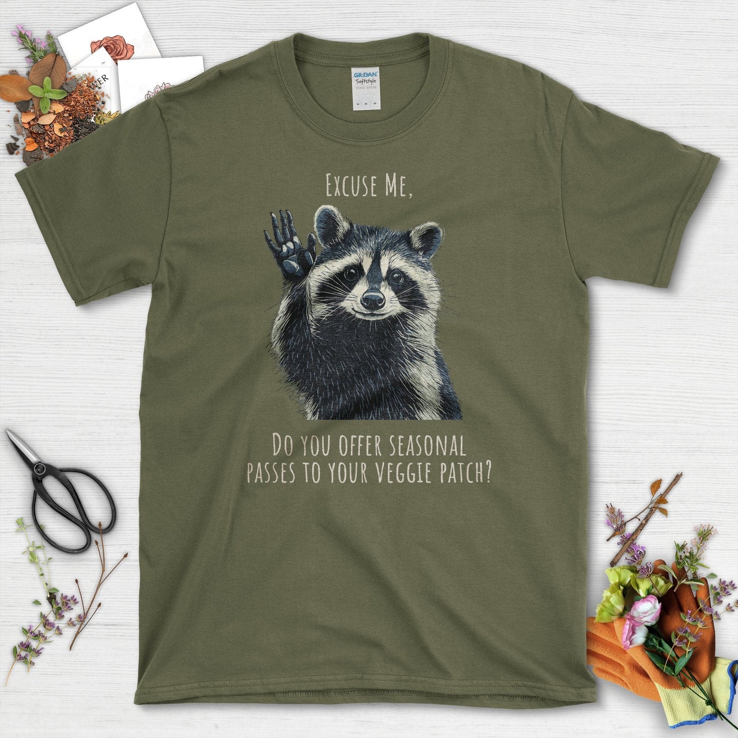 Cute Raccoon Veggie Patch T-Shirt Military Green / S T-Shirt