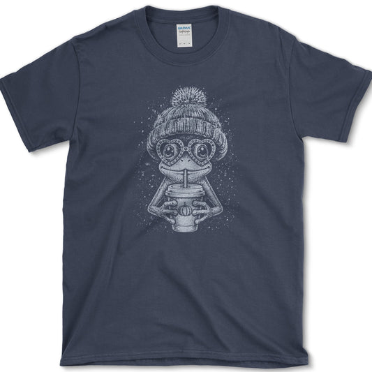 Pumpkin Spice Frog artwork featuring frog and pumpkin spice drink on a T-shirt