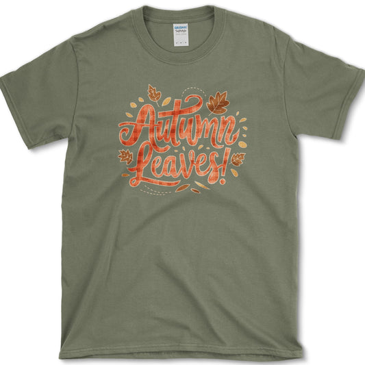 Autumn Leaves artwork featuring autumn leaves and fall lettering on a T-shirt