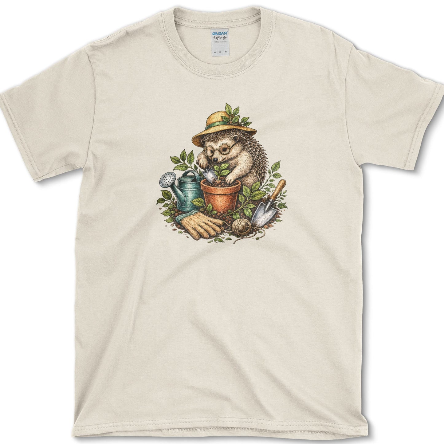 Garden Lover design featuring hedgehog artwork on a t-shirt